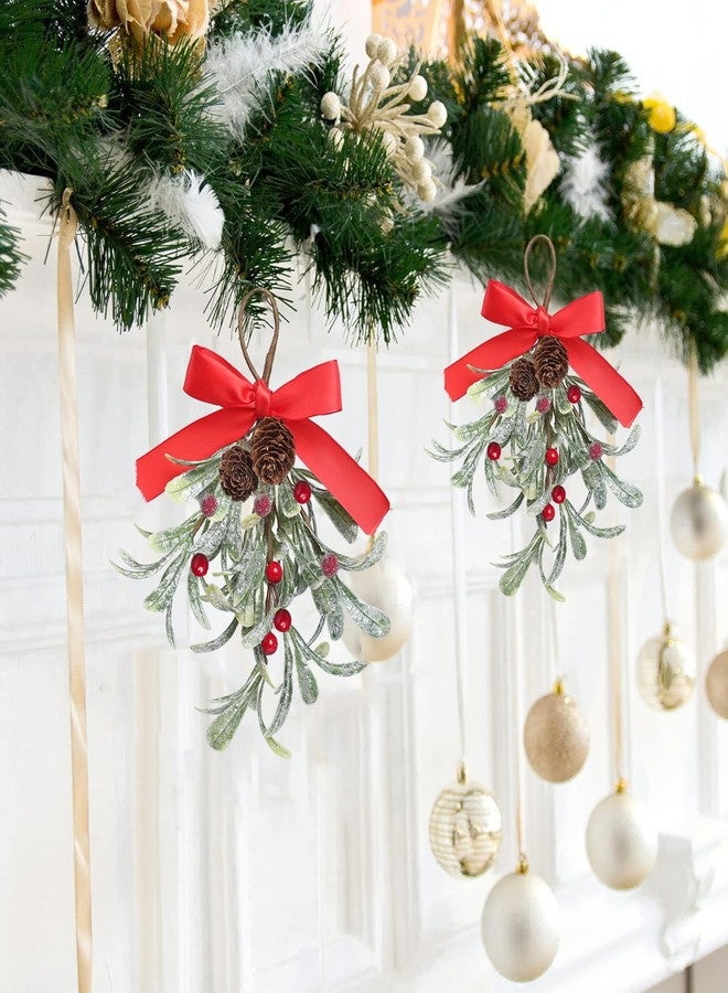 Teircno Christmas Artificial Mistletoe Ornament with Red Bow Snowy Red Berries Christmas Hanging Mistletoe Decorations Bouquet Floral Natural Pine Cones Holiday Decoration Ornament Bouquet - Image 3
